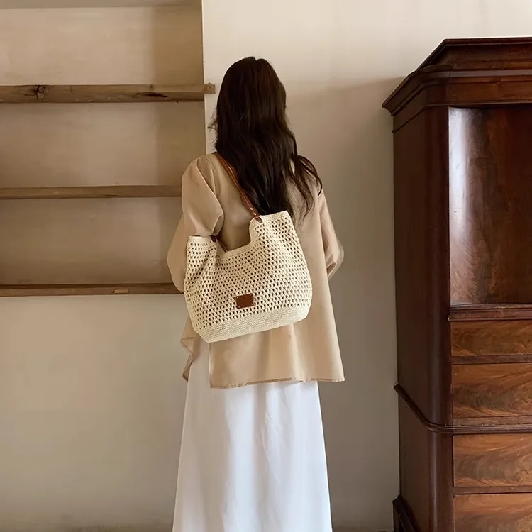 PAYOT Linen Weaving Shoulder Bag Women's Beige Apricot/Coffee-4