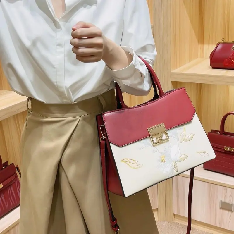 PAYOT Microfiber Synthetic Leather Wedding Bag Shoulder Bag Crossbody Bag Handbag Large Size Women's Burgundy & Ecru-2