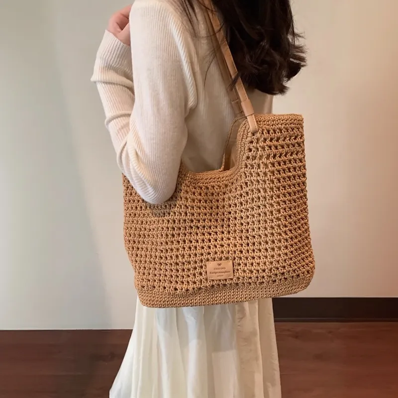 PAYOT Linen Weaving Shoulder Bag Women's Beige Apricot/Coffee-6