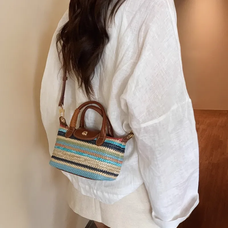 PAYOT Straw Woven Tote Shoulder Bag, Crossbody Bag, Handbag Women's Multicolor Stripes/Light Yellow/Light Blue-4