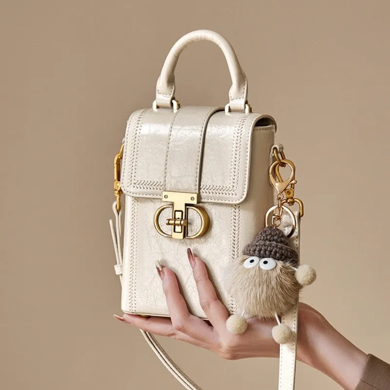 PAYOT Synthetic Leather Cell Phone Pouch Crossbody Handbag Women's Oil Wax White/White & Brown-3