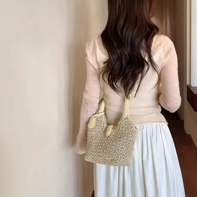 PAYOT Straw Woven Yunqi Listen To The Wind Underarm Shoulder Bag Women's Yellow-4