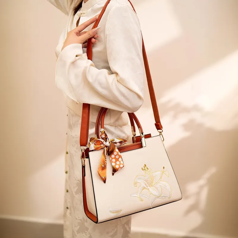 PAYOT Microfiber Synthetic Leather Handbag Women's Ecru/Ecru & Brown-8