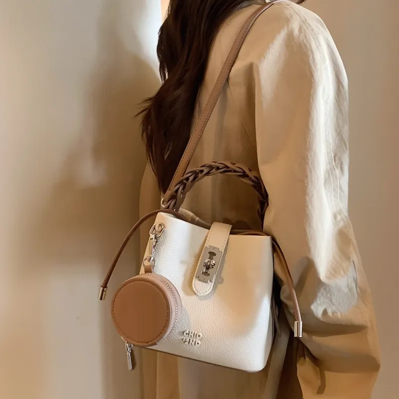 PAYOT Microfiber Synthetic Leather Shoulder Bag, Crossbody Bag, Handbag Women's Ecru & Brown-1