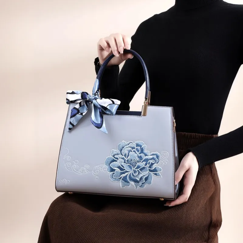 PAYOT Microfiber Synthetic Leather Shoulder Bag Crossbody Bag Handbag Women's Blue Peony-1