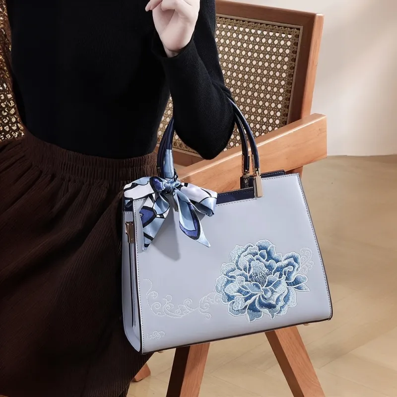 PAYOT Microfiber Synthetic Leather Shoulder Bag Crossbody Bag Handbag Women's Blue Peony-2