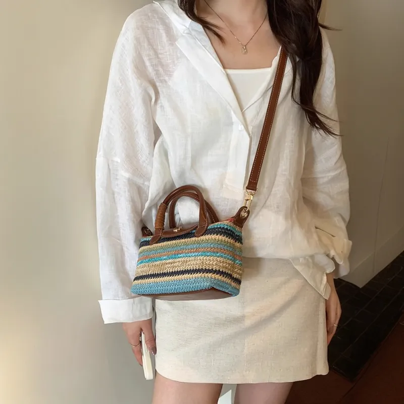 PAYOT Straw Woven Tote Shoulder Bag, Crossbody Bag, Handbag Women's Multicolor Stripes/Light Yellow/Light Blue-3