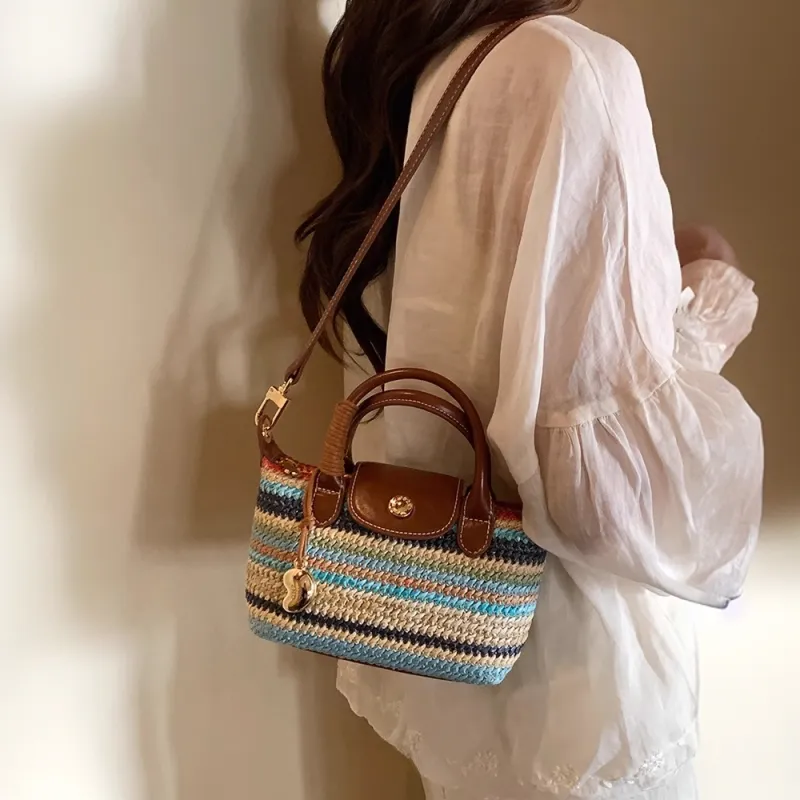 PAYOT Straw Woven Tote Shoulder Bag, Crossbody Bag, Handbag Women's Multicolor Stripes/Light Yellow/Light Blue-2