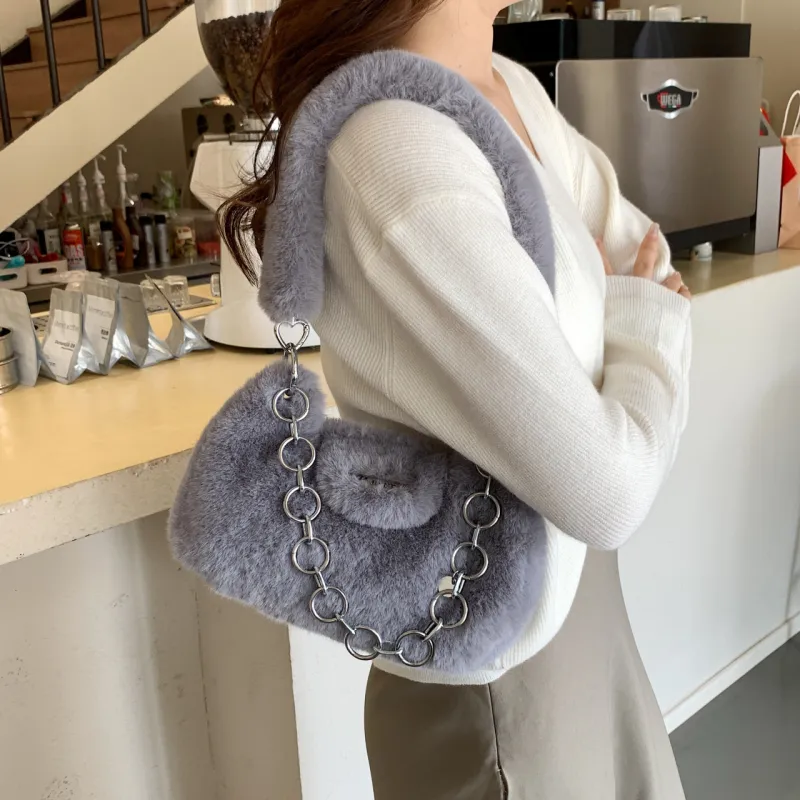 PINK·LAND Plush Fuzzy Shoulder Bag Regular Women's White/Gray/Black/Pink/Khaki-1