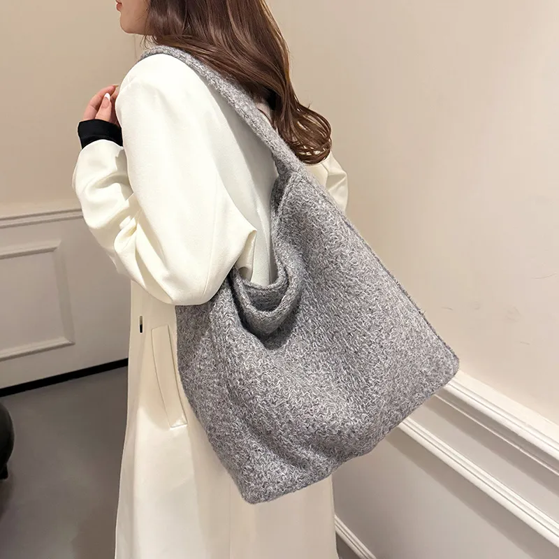 RUIPAI Woolen Tote Bag, Shopping Bag, Shoulder Bag Regular Women's Gray/Black/Black White Plaid/Brown-6