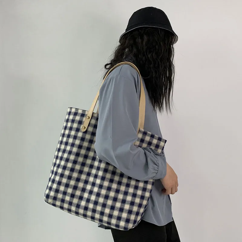 PINK·LAND Canvas Tote Bag Shopping Bag Canvas Bag Shoulder Bag Regular Women's Light Blue Plaid Bag / Navy Plaid Bag-3