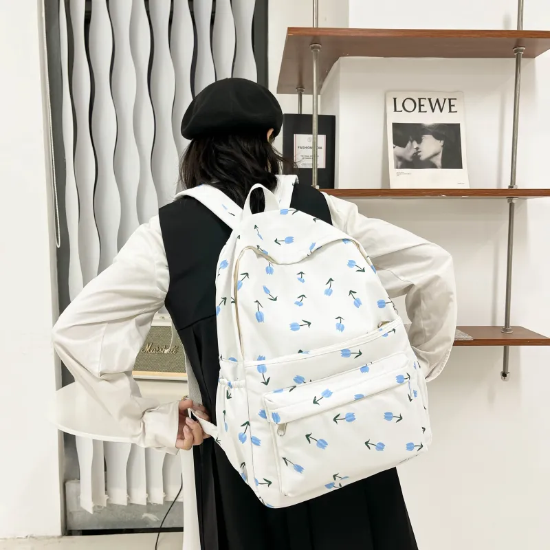 PINK·LAND Twill Canvas Backpack Women's Ivory/Pink/Light Blue-15