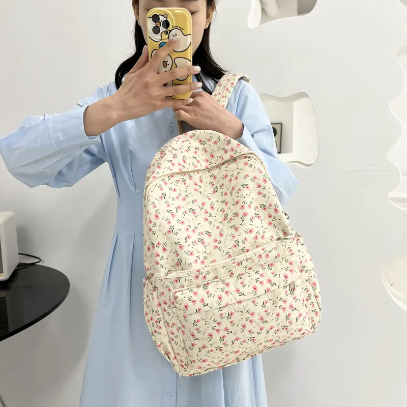 PINK·LAND Twill Canvas Backpack Women's Ivory/Pink/Light Blue-10