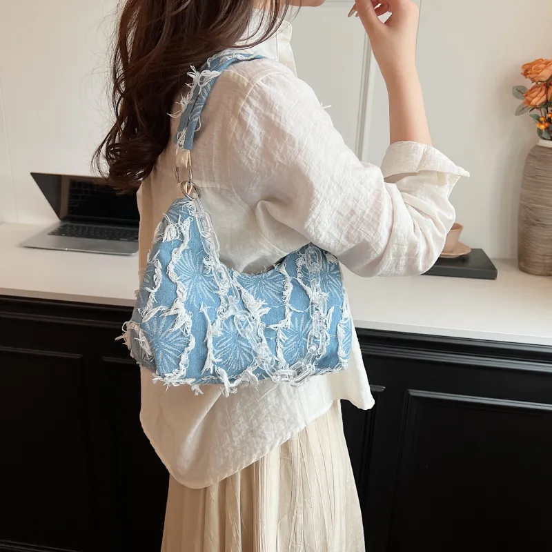 PINK·LAND Denim Portable Crossbody Bag, Shoulder Bag Women's Blue-5