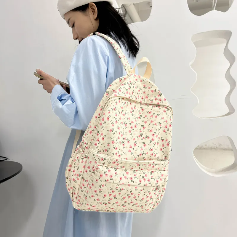 PINK·LAND Twill Canvas Backpack Women's Ivory/Pink/Light Blue-8