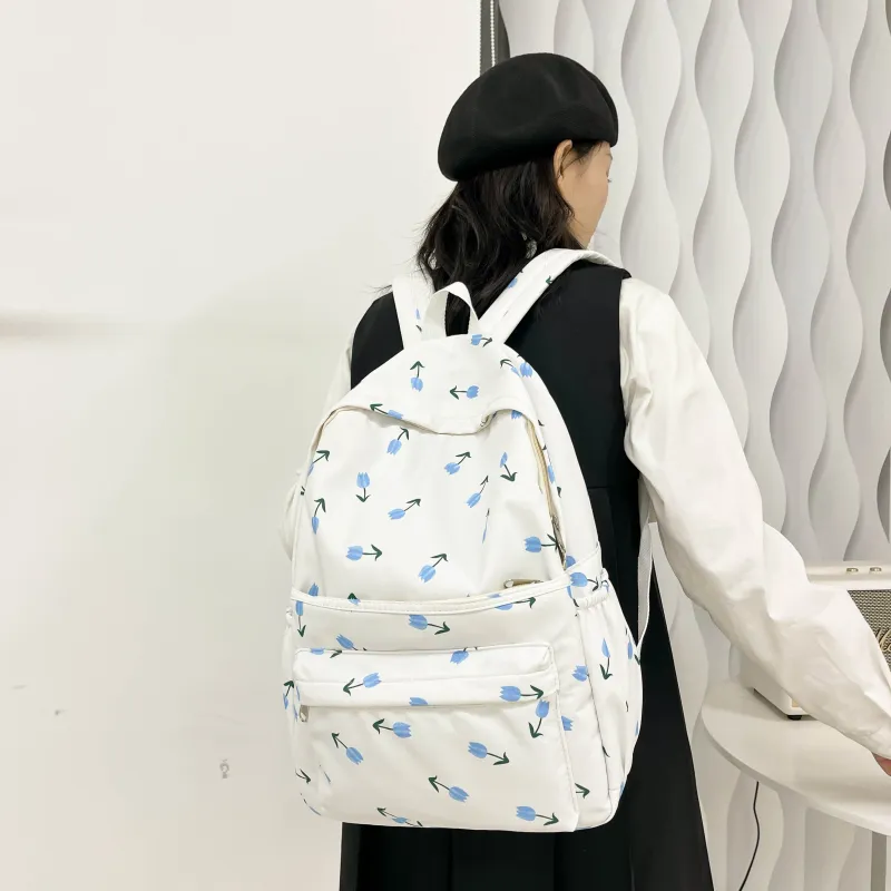 PINK·LAND Twill Canvas Backpack Women's Ivory/Pink/Light Blue-13