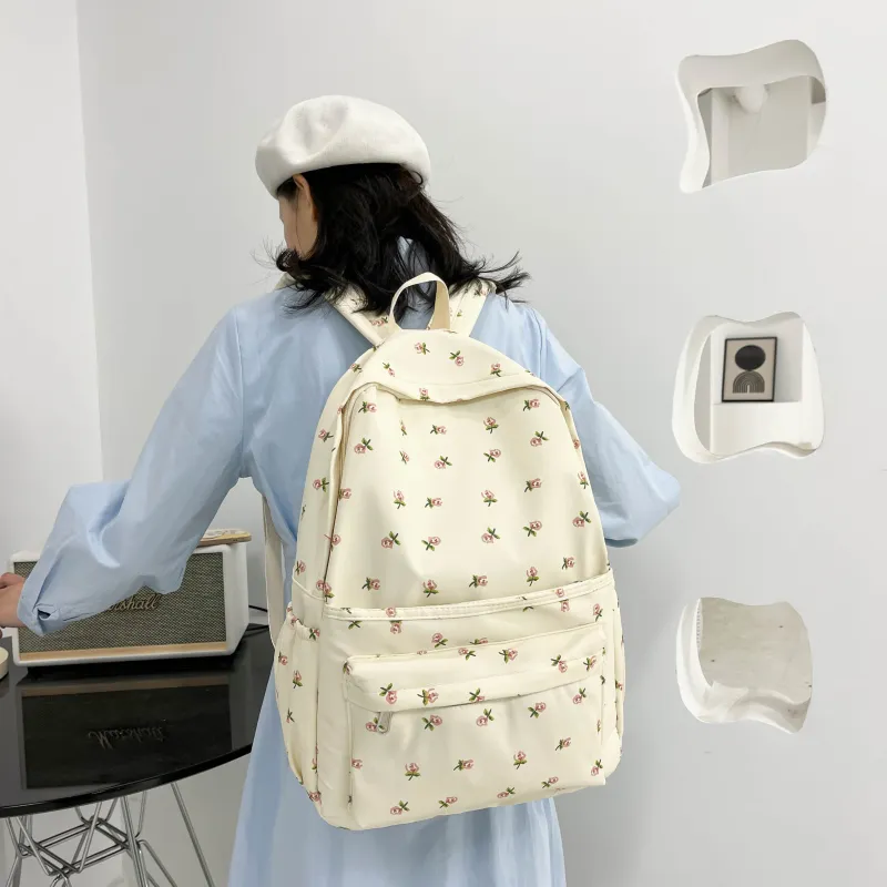 PINK·LAND Twill Canvas Backpack Women's Ivory/Pink/Light Blue-2