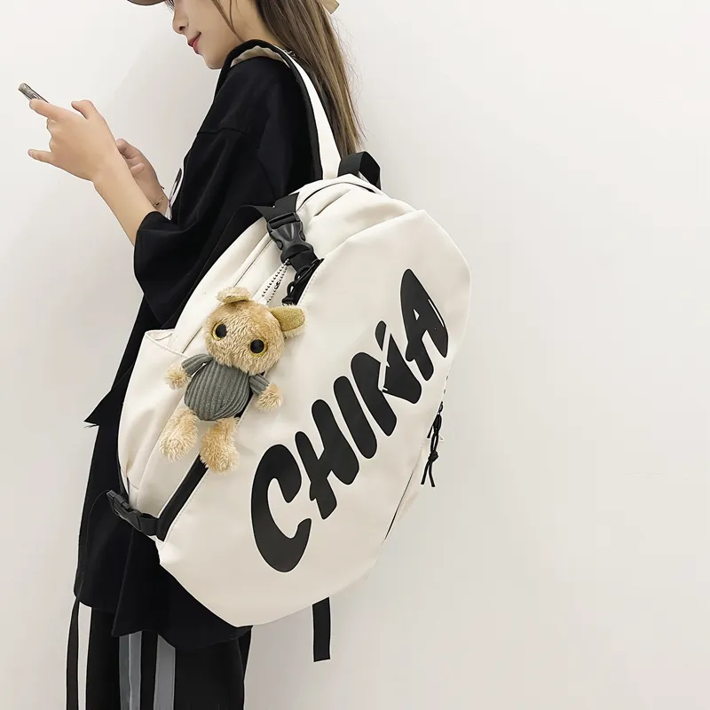 PINK·LAND Nylon Backpack Regular Unisex Black White/Brick Red/Gray-11