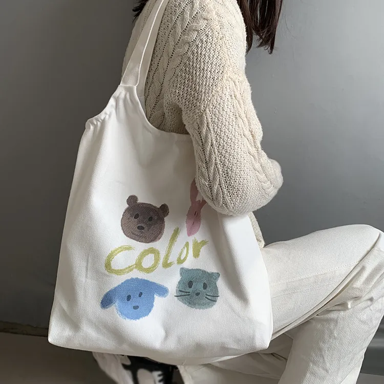 PINK·LAND Canvas Tote Bag Shopping Bag Canvas Bag Shoulder Bag Regular Women's White-3