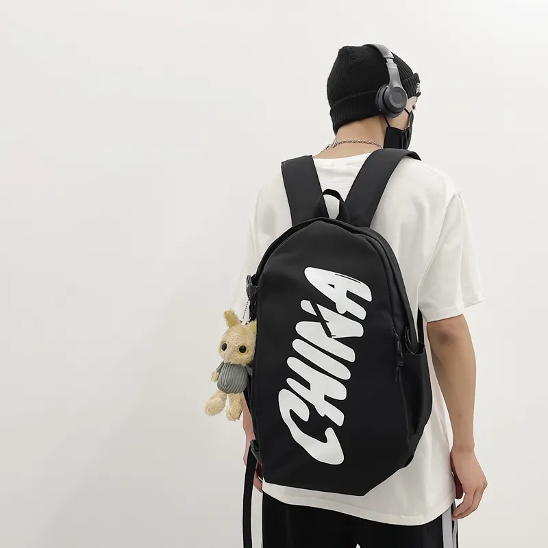 PINK·LAND Nylon Backpack Regular Unisex Black White/Brick Red/Gray-5