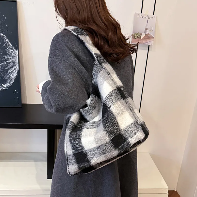 RUIPAI Woolen Tote Bag, Shopping Bag, Shoulder Bag Regular Women's Gray/Black/Black White Plaid/Brown-20