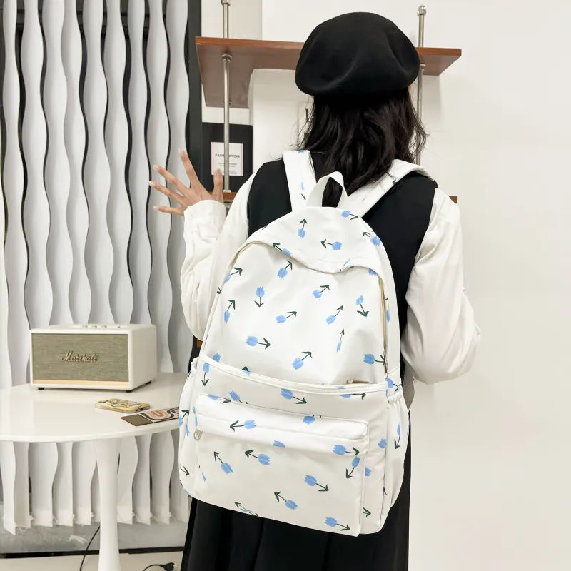 PINK·LAND Twill Canvas Backpack Women's Ivory/Pink/Light Blue-16