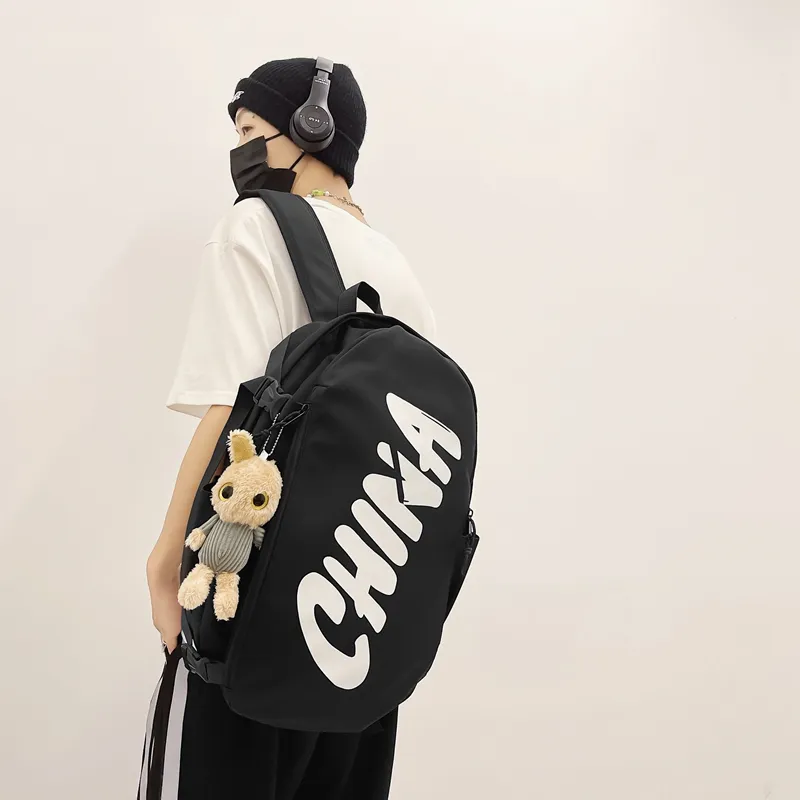 PINK·LAND Nylon Backpack Regular Unisex Black White/Brick Red/Gray-4