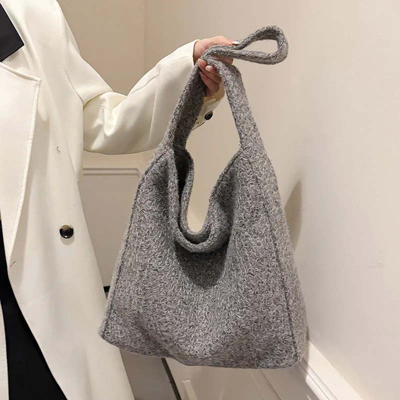 RUIPAI Woolen Tote Bag, Shopping Bag, Shoulder Bag Regular Women's Gray/Black/Black White Plaid/Brown-4