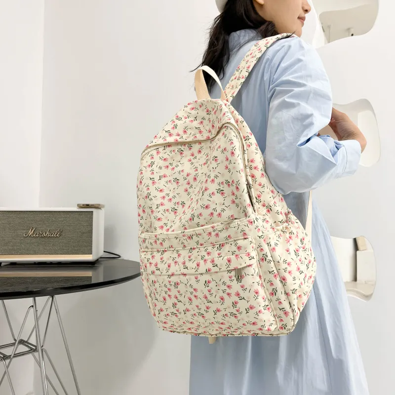 PINK·LAND Twill Canvas Backpack Women's Ivory/Pink/Light Blue-11