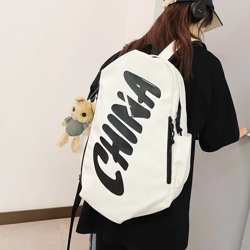 PINK·LAND Nylon Backpack Regular Unisex Black White/Brick Red/Gray-12