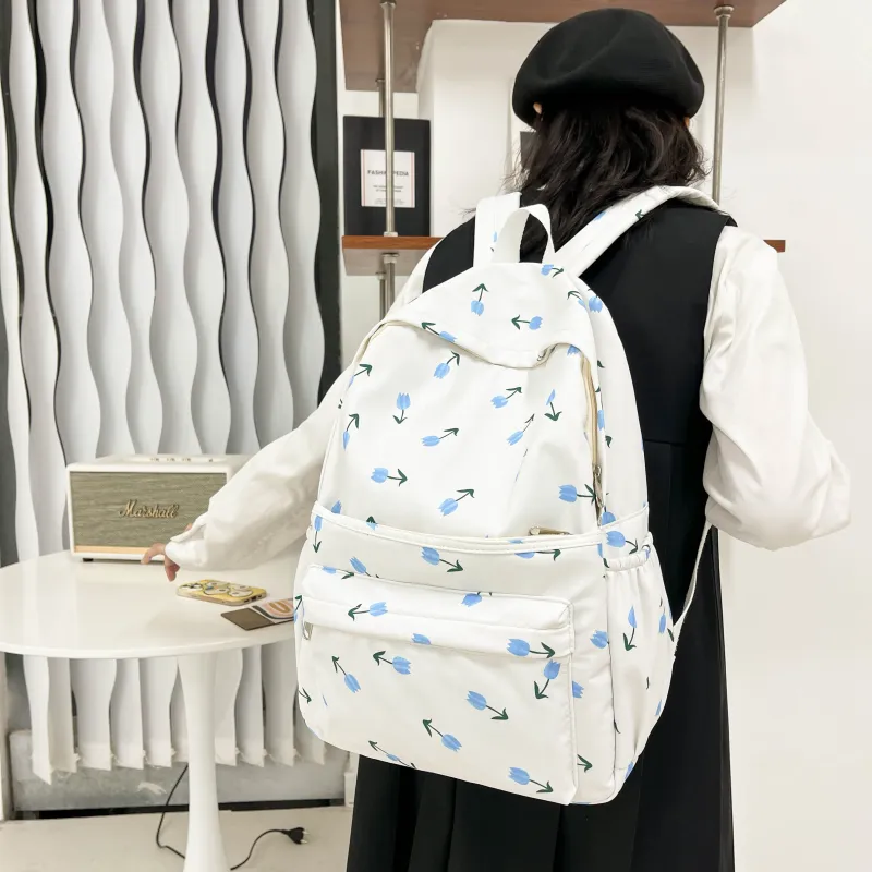 PINK·LAND Twill Canvas Backpack Women's Ivory/Pink/Light Blue-14