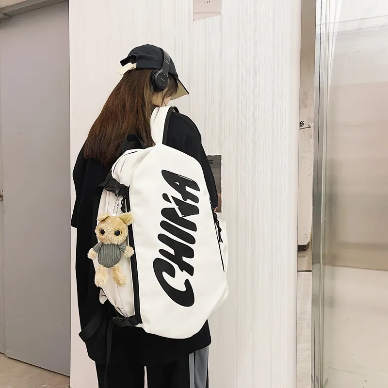 PINK·LAND Nylon Backpack Regular Unisex Black White/Brick Red/Gray-10