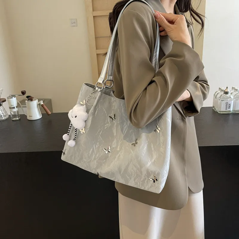 PINK·LAND PU Tote Bag Shopping Bag Shoulder Bags Women's Silver/Ecru/Blue Black-3