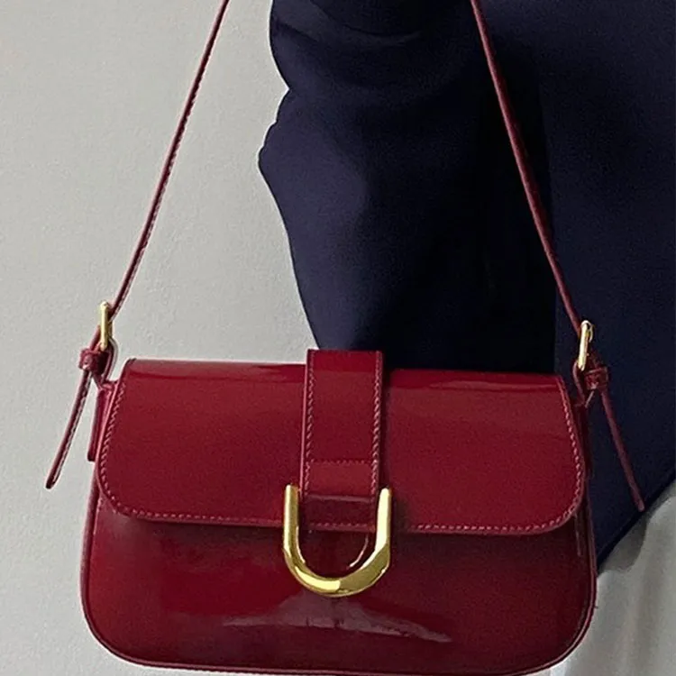 PINK·LAND Pu Shoulder Bag Regular Women's Burgundy Patent Leather+Shopping Bag/Black+Shopping Bag-8