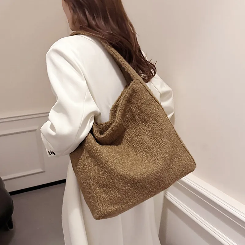RUIPAI Woolen Tote Bag, Shopping Bag, Shoulder Bag Regular Women's Gray/Black/Black White Plaid/Brown-26