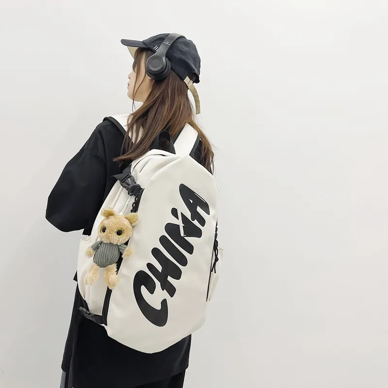 PINK·LAND Nylon Backpack Regular Unisex Black White/Brick Red/Gray-8