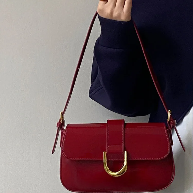 PINK·LAND Pu Shoulder Bag Regular Women's Burgundy Patent Leather+Shopping Bag/Black+Shopping Bag-6