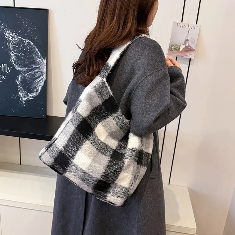 RUIPAI Woolen Tote Bag, Shopping Bag, Shoulder Bag Regular Women's Gray/Black/Black White Plaid/Brown-18