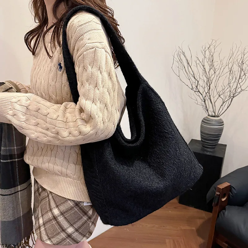 RUIPAI Woolen Tote Bag, Shopping Bag, Shoulder Bag Regular Women's Gray/Black/Black White Plaid/Brown-11