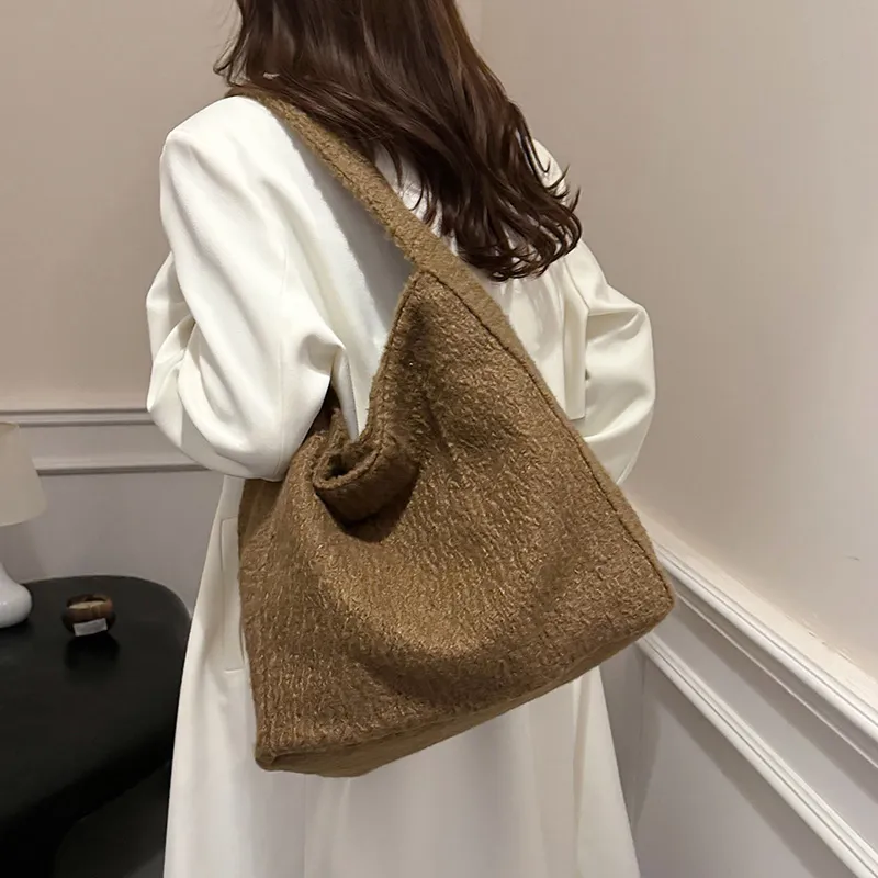 RUIPAI Woolen Tote Bag, Shopping Bag, Shoulder Bag Regular Women's Gray/Black/Black White Plaid/Brown-25
