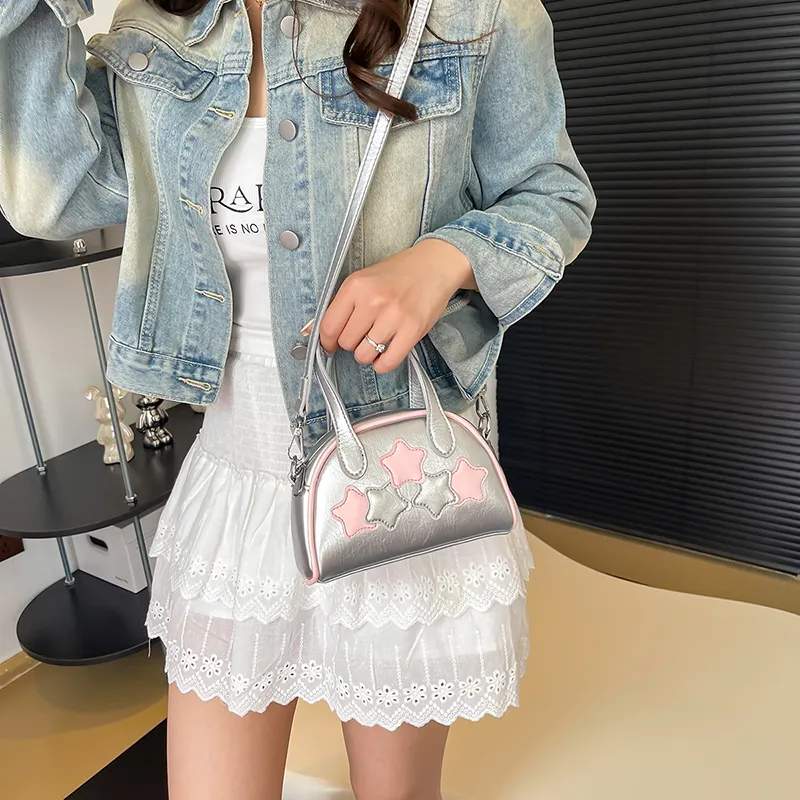 PINK·LAND PU Dome Bag, Crossbody Bag, Shoulder Bag Women's Silver/Ecru/Black-4