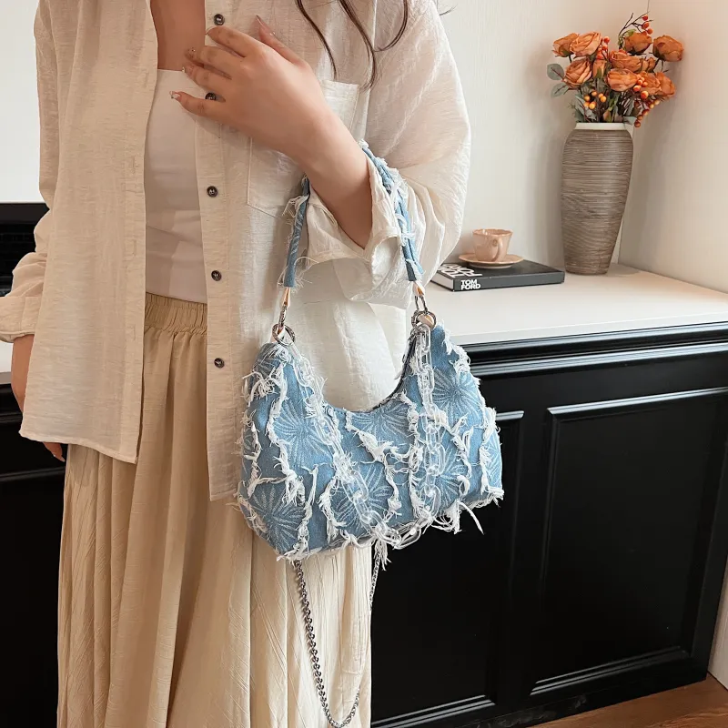 PINK·LAND Denim Portable Crossbody Bag, Shoulder Bag Women's Blue-3