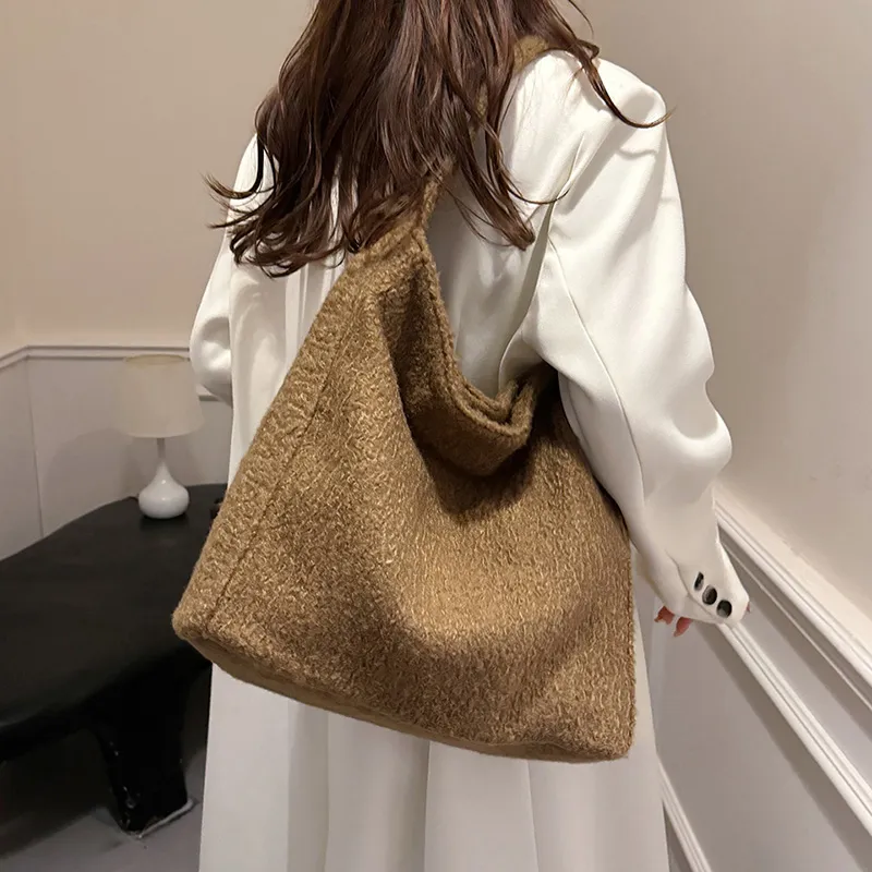 RUIPAI Woolen Tote Bag, Shopping Bag, Shoulder Bag Regular Women's Gray/Black/Black White Plaid/Brown-23