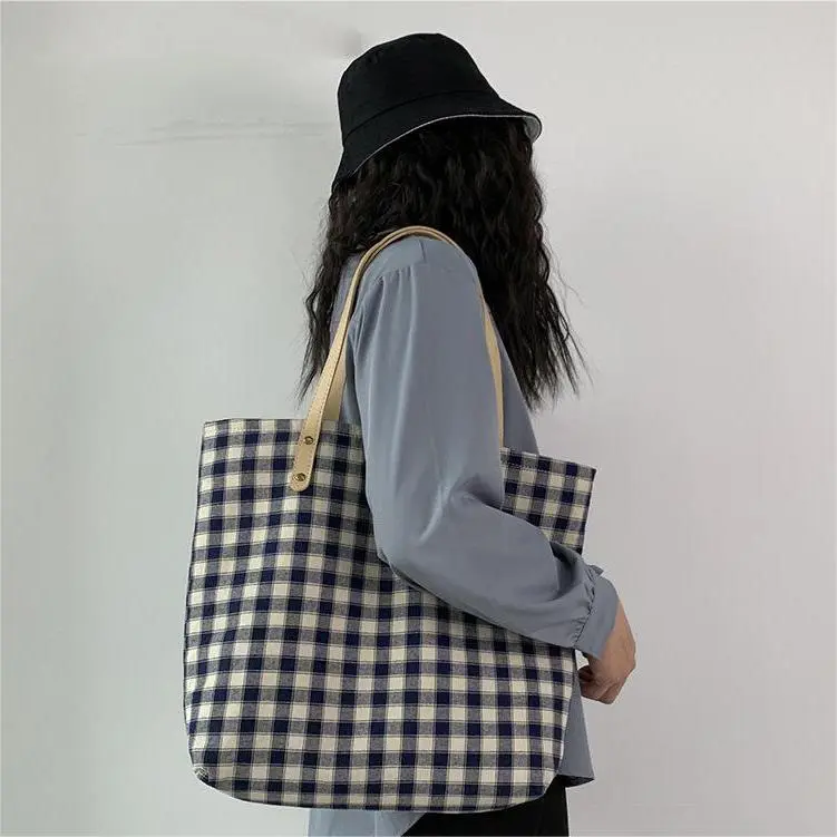 PINK·LAND Canvas Tote Bag Shopping Bag Canvas Bag Shoulder Bag Regular Women's Light Blue Plaid Bag / Navy Plaid Bag-4