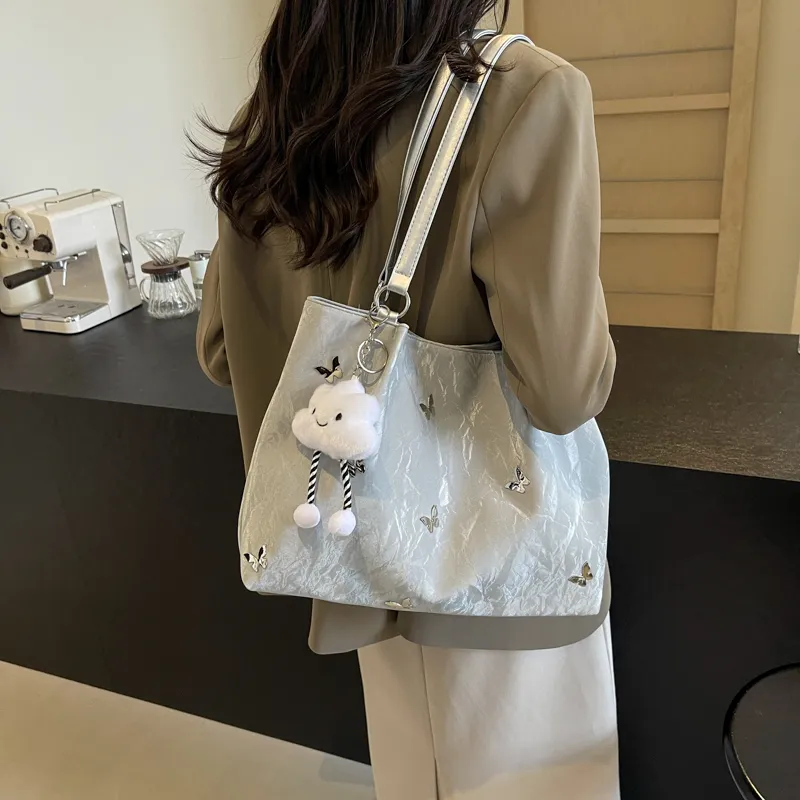 PINK·LAND PU Tote Bag Shopping Bag Shoulder Bags Women's Silver/Ecru/Blue Black-5