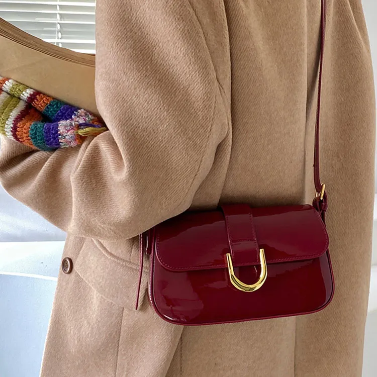 PINK·LAND Pu Shoulder Bag Regular Women's Burgundy Patent Leather+Shopping Bag/Black+Shopping Bag-7