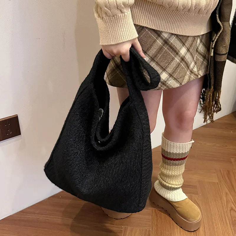 RUIPAI Woolen Tote Bag, Shopping Bag, Shoulder Bag Regular Women's Gray/Black/Black White Plaid/Brown-12
