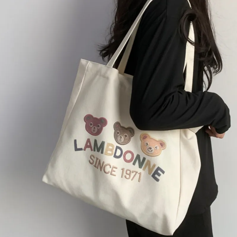 PINK·LAND Canvas Tote Bag Shopping Bag Canvas Bag Shoulder Bag Regular Women's White-2