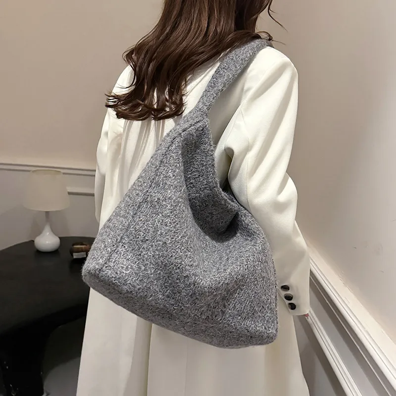 RUIPAI Woolen Tote Bag, Shopping Bag, Shoulder Bag Regular Women's Gray/Black/Black White Plaid/Brown-2