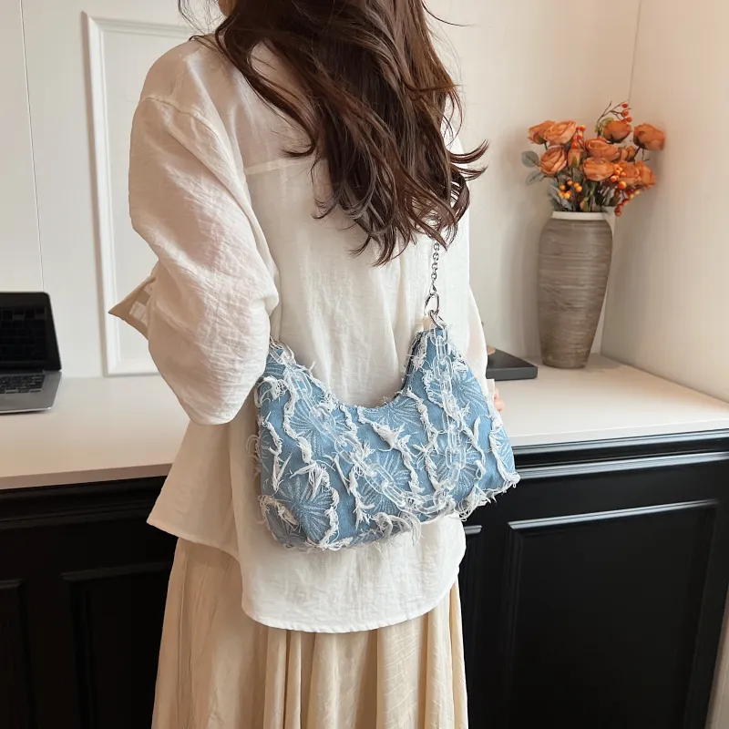 PINK·LAND Denim Portable Crossbody Bag, Shoulder Bag Women's Blue-4